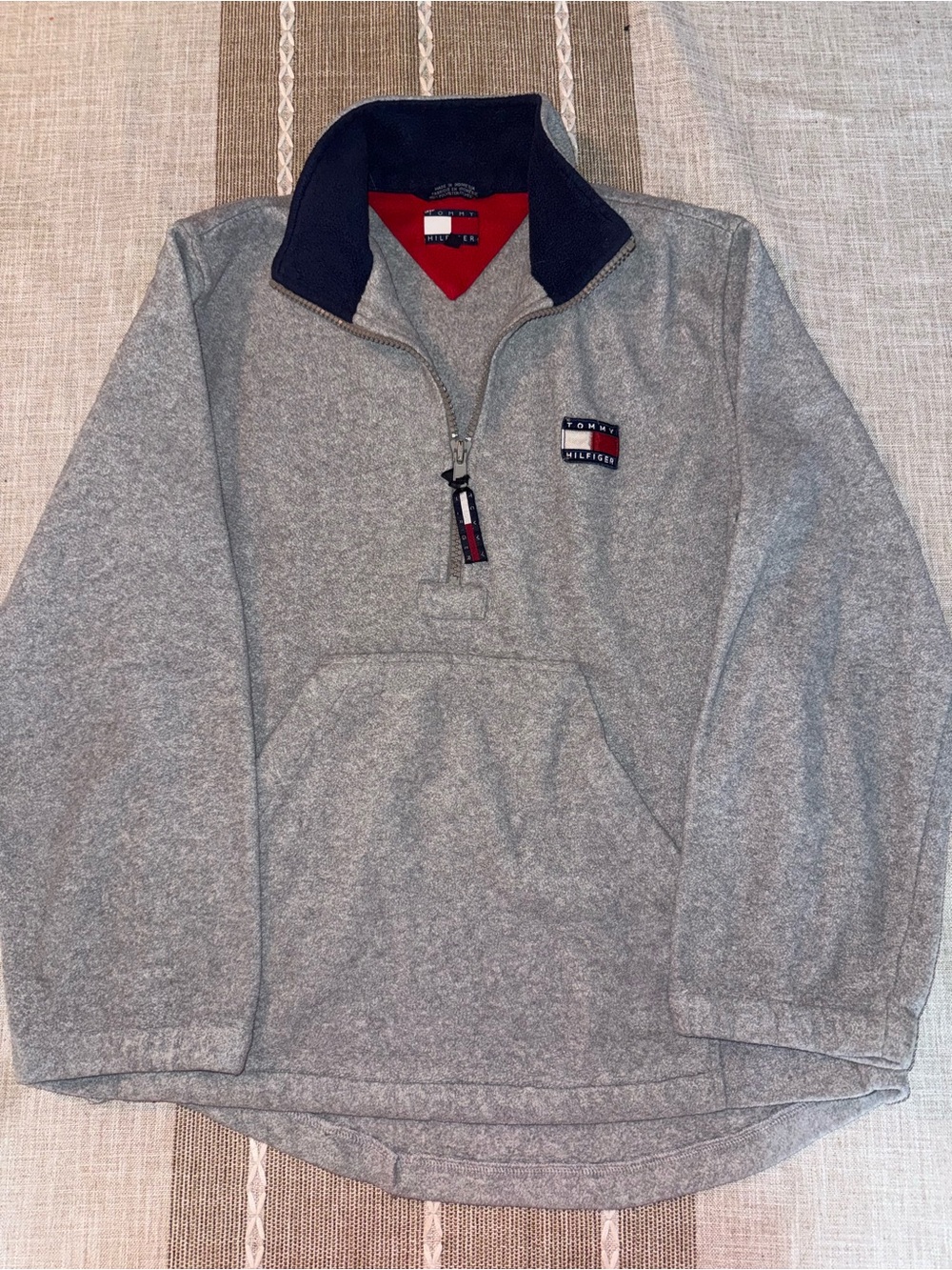 Tommy Hilfiger Grey Quarter-Zip Pullover with Navy Collar and Red Trim